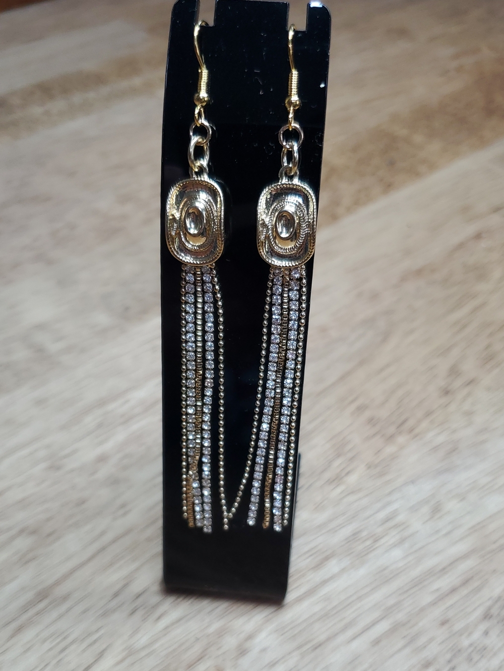 Gold Tassel Drop Cowboy Hat Earrings with Rhinestone Strands